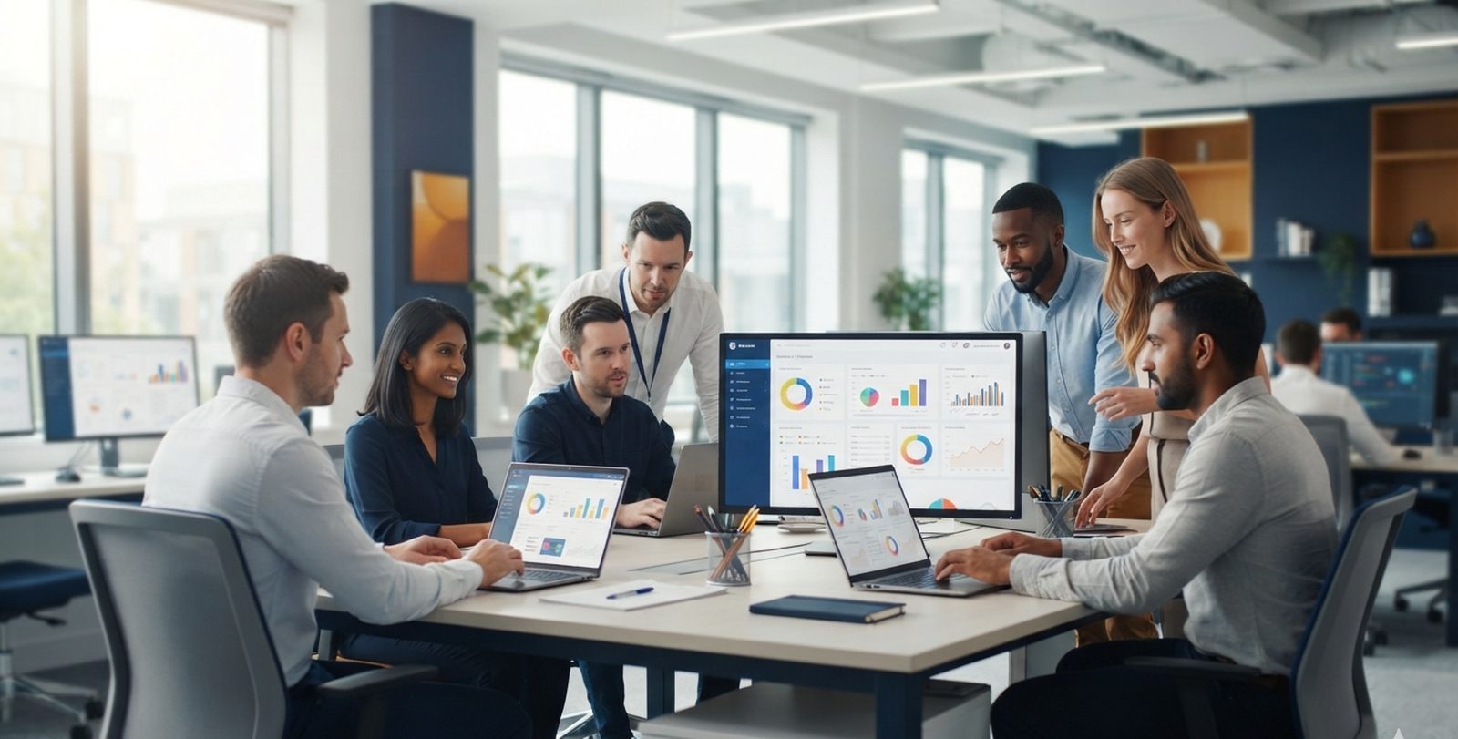 SOG-SYS Solutions IT team working with data dashboards in a modern UK office